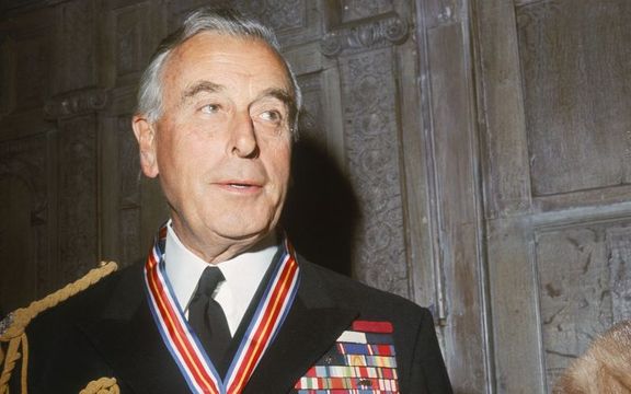Lord Louis Mountbatten (1900 -1979) wearing the Veterans of Foreign Wars Merit Award, presented to him by the U.S. Veterans of Foreign Wars organization for outstanding service in World War II, circa 1965.